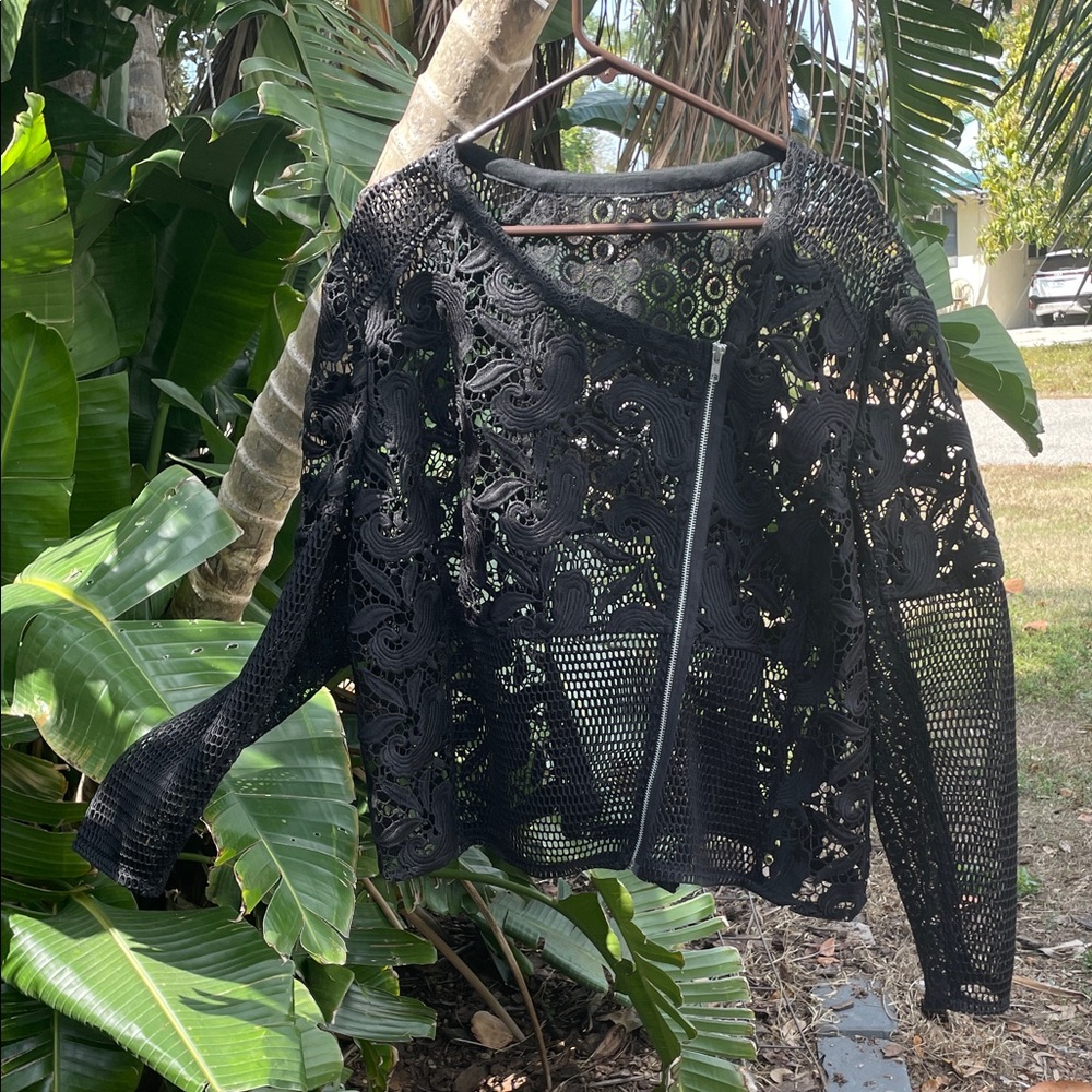 lace and fishnet mesh, sheer Moto jacket